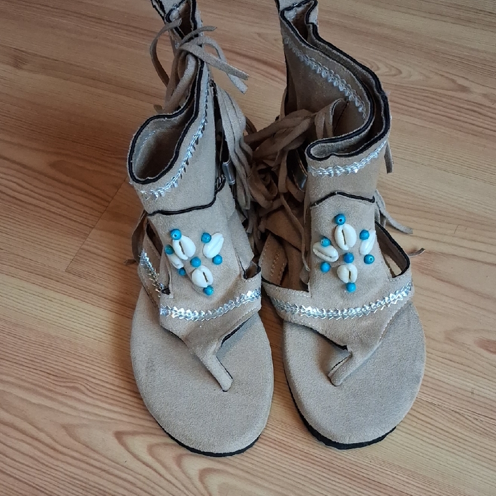 Boho Tan Sandals with Beads and Fringe